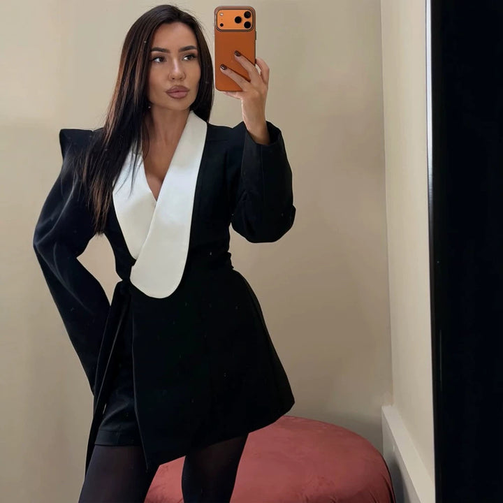 Women Tailored Blazer Dress with Contrasting Shawl Collar and Structured Shoulders Amarae