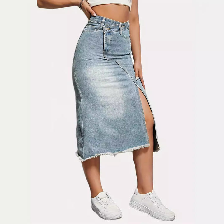 Chic & Stil Long Denim Skirt for Women with Asymmetrical Slit and Frayed Hem