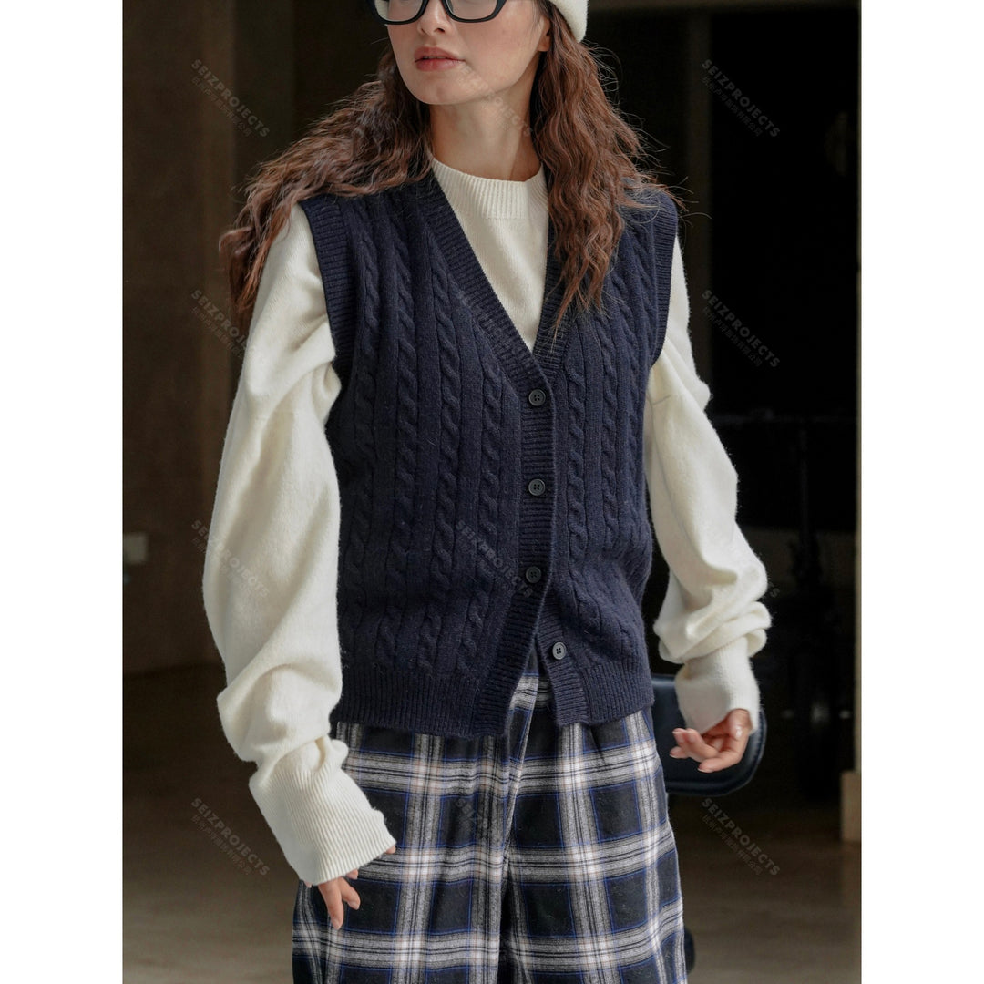 Women's chunky knit cable vest with deep V-neck and button placket Amarae