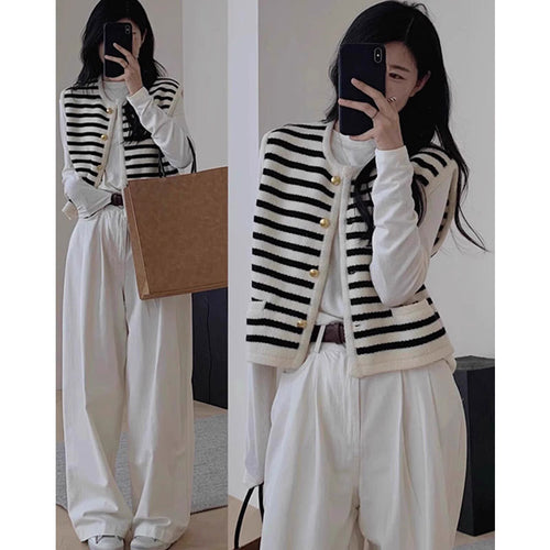 Striped contrast knit vest for women with golden buttons Amarae