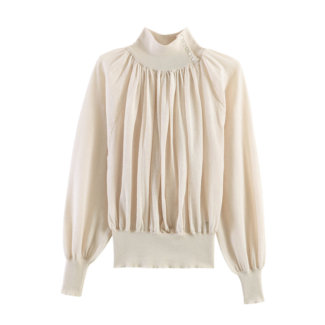 Women's Elegant Pleated Blouse with Stand Collar, Button Detail and Balloon Sleeves Amarae