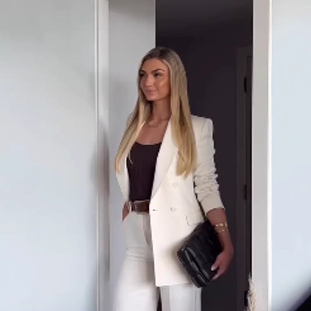 Women Fitted Double-Breasted Long Blazer with Light Shoulder Pads and Clean Lapels Amarae