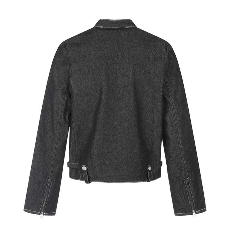 Women's short denim biker jacket with stand-up collar, zipper and snap button details Amarae