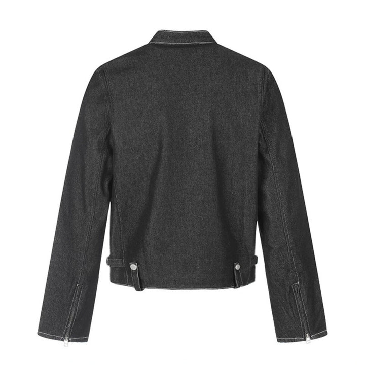 Women's short denim biker jacket with stand-up collar, zipper and snap button details Amarae