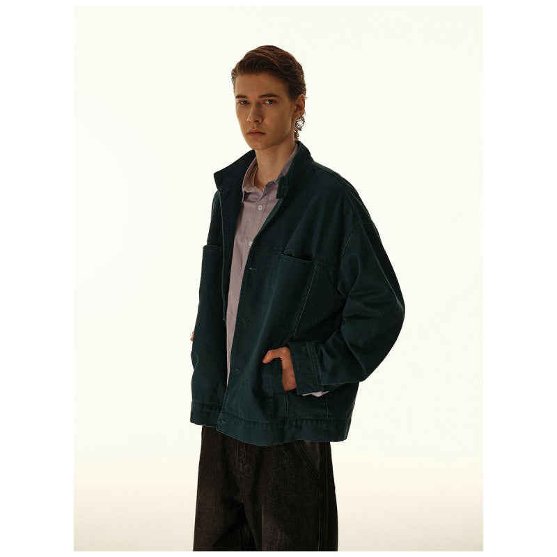 Men's Loose Canvas Overshirt with Stand-Up Collar, Patch Pockets and Distinctive Stitching Details Amarae