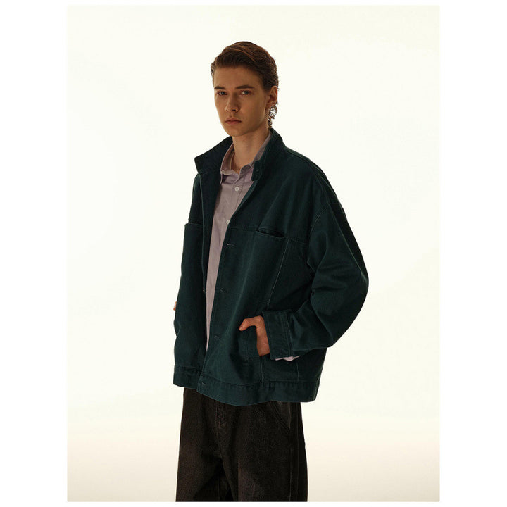 Men's Loose Canvas Overshirt with Stand-Up Collar, Patch Pockets and Distinctive Stitching Details Amarae