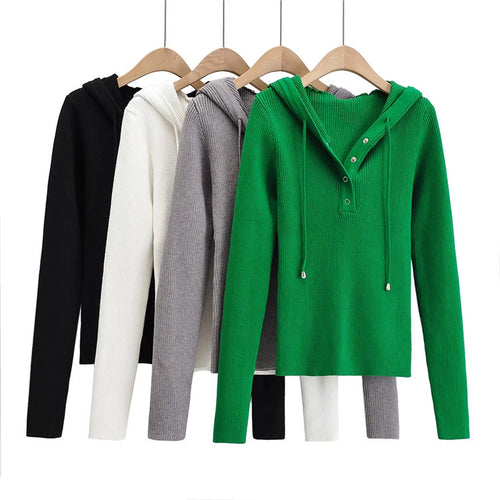 Casual knit sweater for women with hood and buttons Amarae