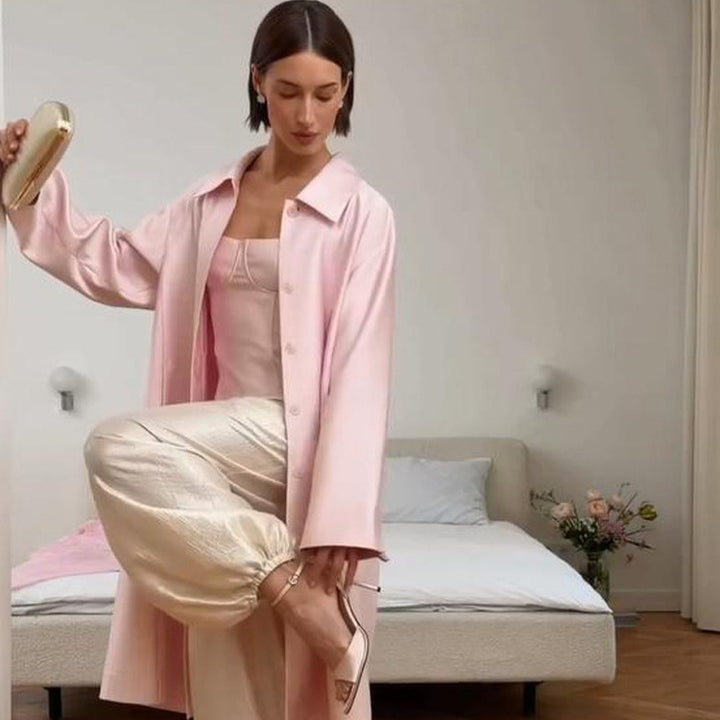 Women’s lightweight satin-like long coat in oversized cut with wide lapels Amarae