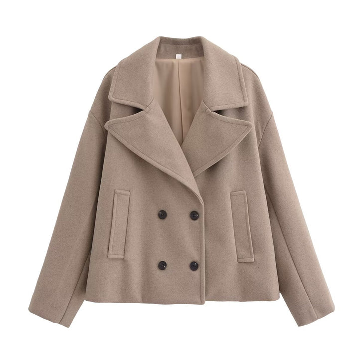 Women's Short Cut Double-Breasted Wool Blend Coat with Oversized Lapel Amarae