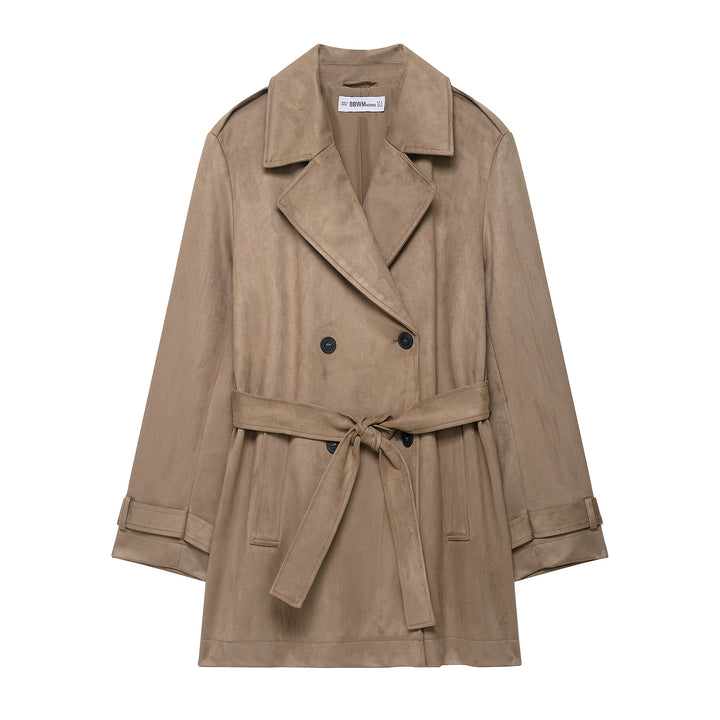 Ladies trench coat in velour leather look double-breasted with waist belt Amarae