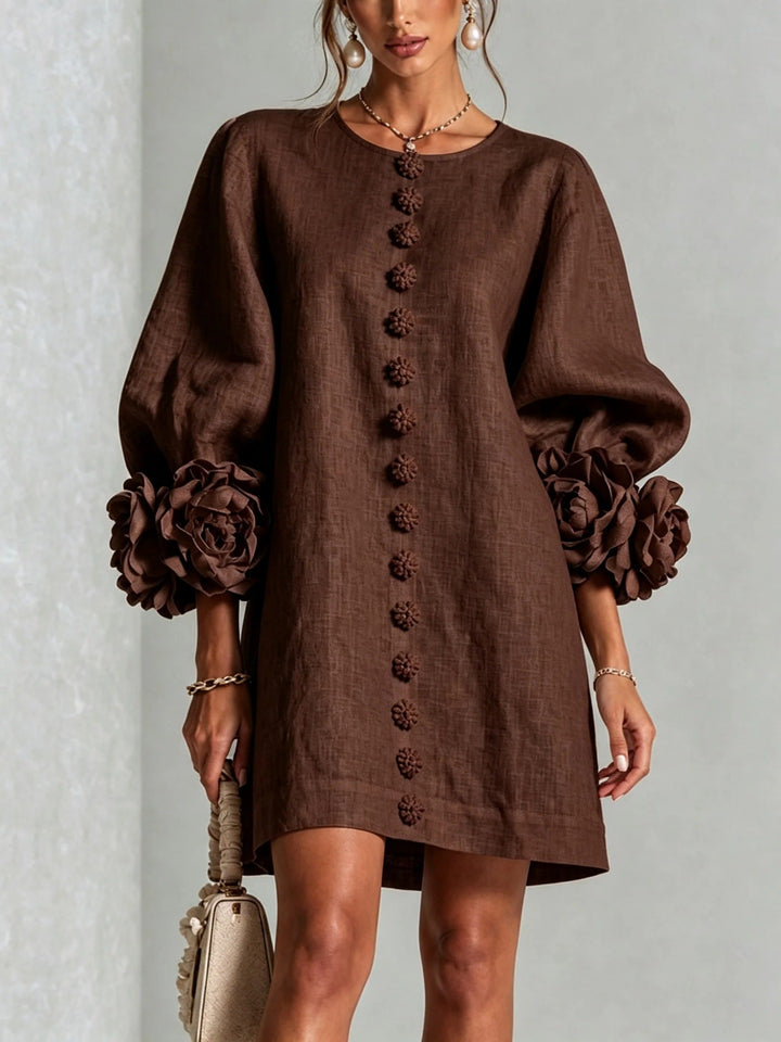 Ladies linen dress in A-line cut with balloon sleeves and 3D flower decoration Amarae