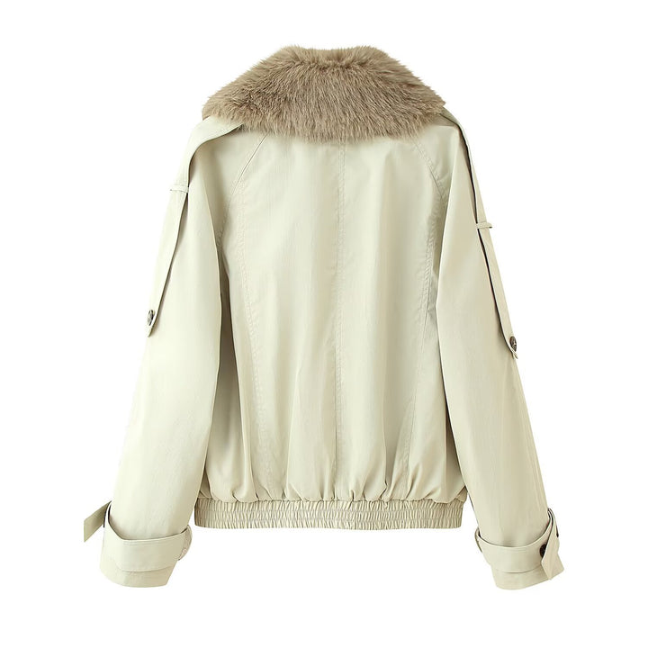 Fashionable women's transition jacket with a stylish collar and decorative faux fur trim Lune London