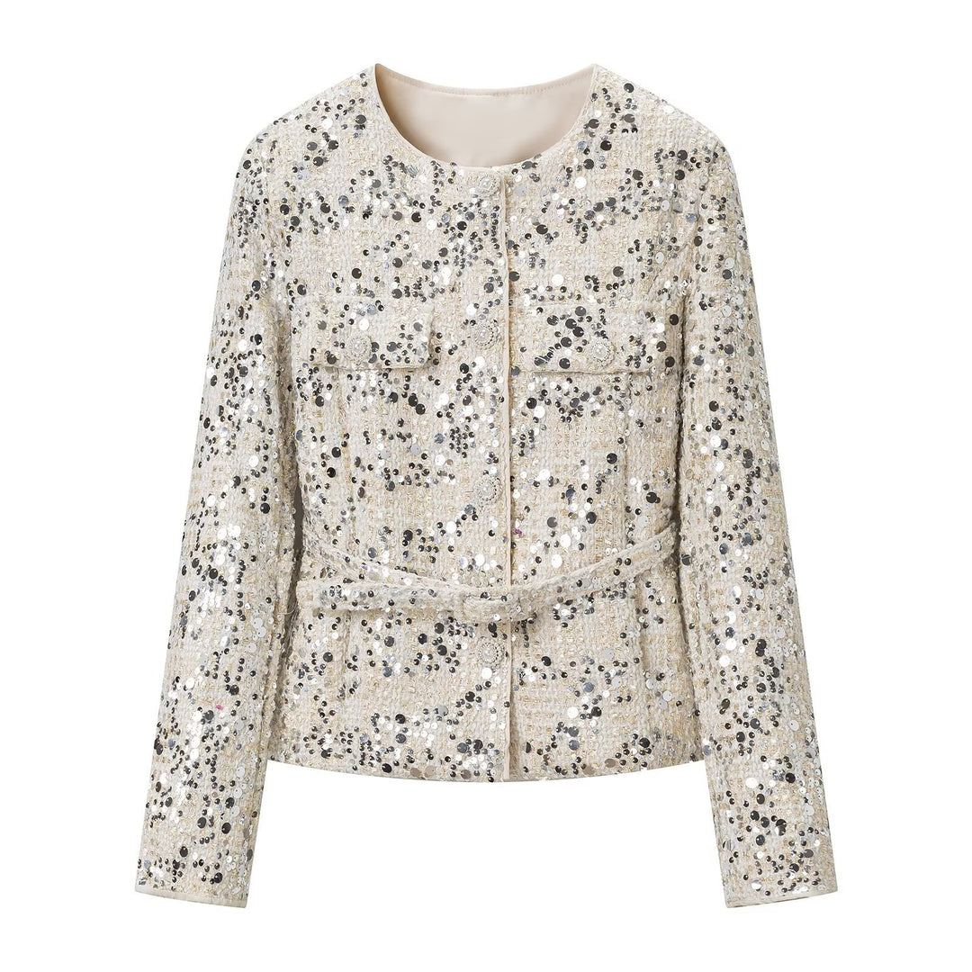 Women's short jacket made of bouclé with sequin trim, decorative pearl buttons, and a belted waist Amarae