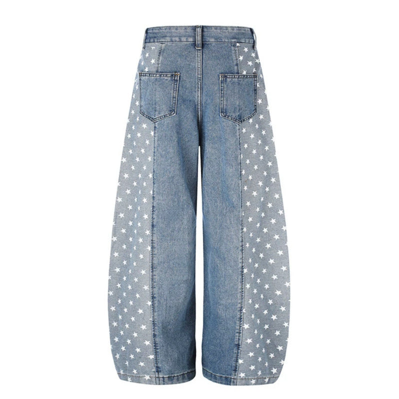 Women's Wide Denim Palazzo Pants with Contrast Sides, Star Print and Patch Pockets Amarae