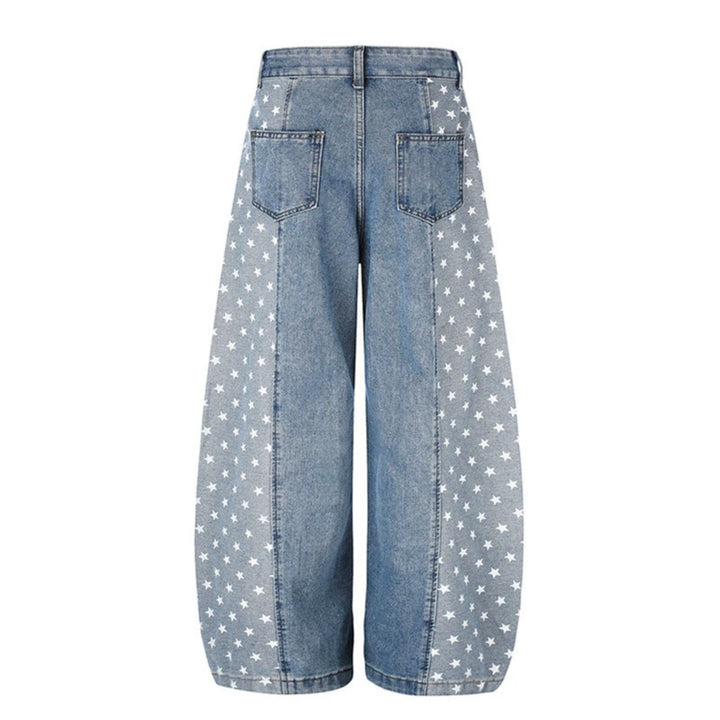 Women's Wide Denim Palazzo Pants with Contrast Sides, Star Print and Patch Pockets Amarae