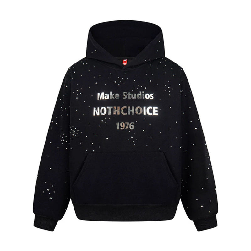 Women’s hoodie with statement print, metallic lettering and paint splatter look Amarae