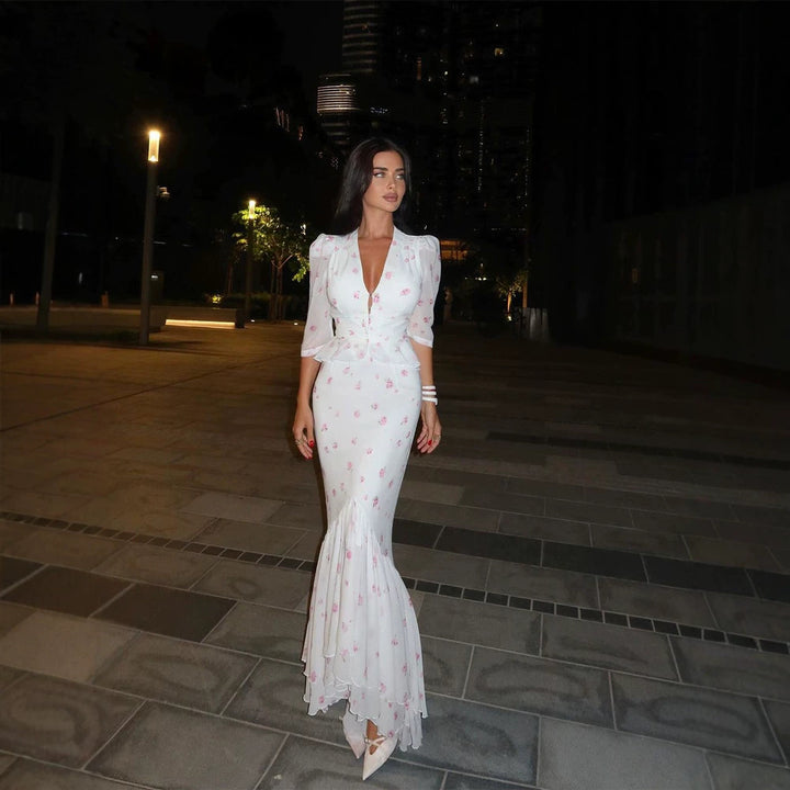 Women's Figure-Hugging Midi Dress with Deep V-Neck, Puff Sleeves and Peplum Amarae