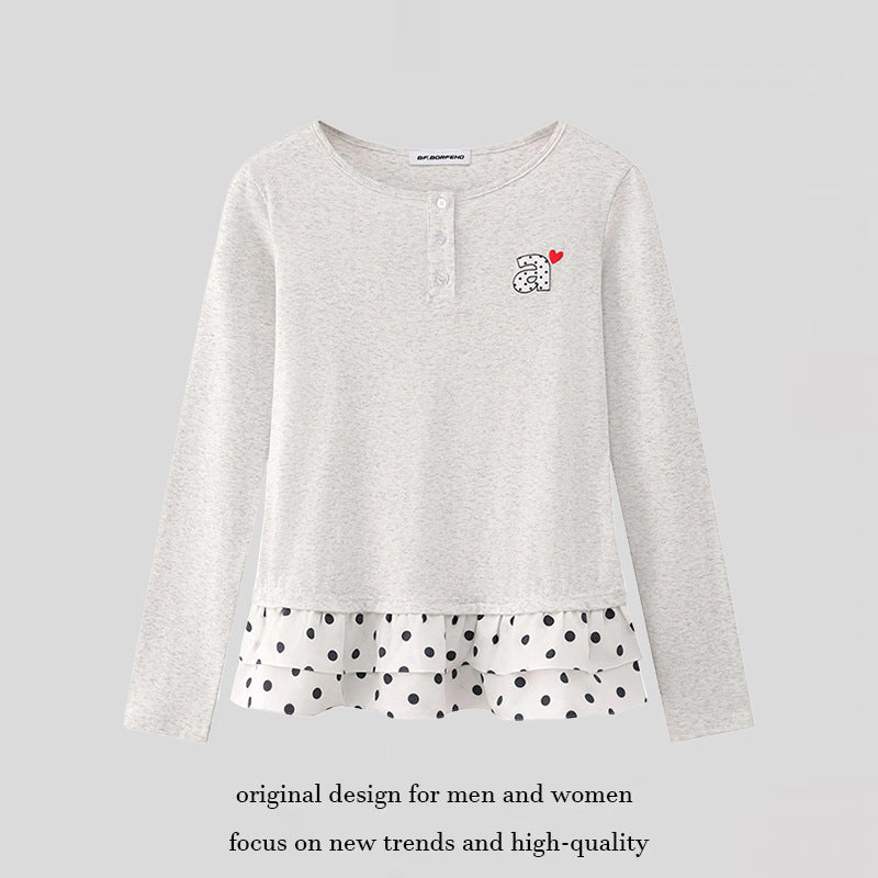 Women's Long Sleeve Henley Layering Top with Ruffle Underlay and Heart Patch Amarae