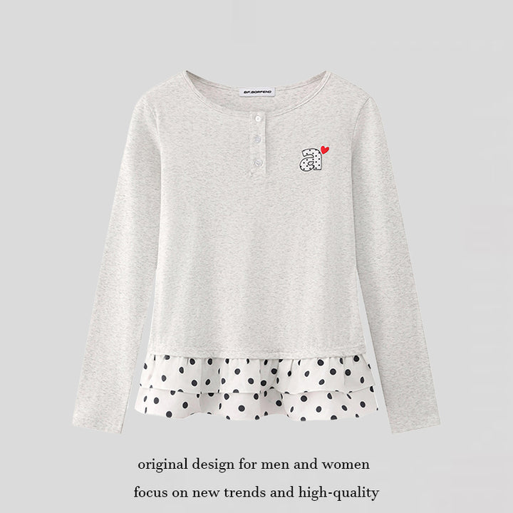 Women's Long Sleeve Henley Layering Top with Ruffle Underlay and Heart Patch Amarae