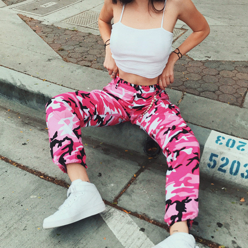 Cargo pants for women with a modern camouflage design featuring practical pockets and elastic waist Lune London