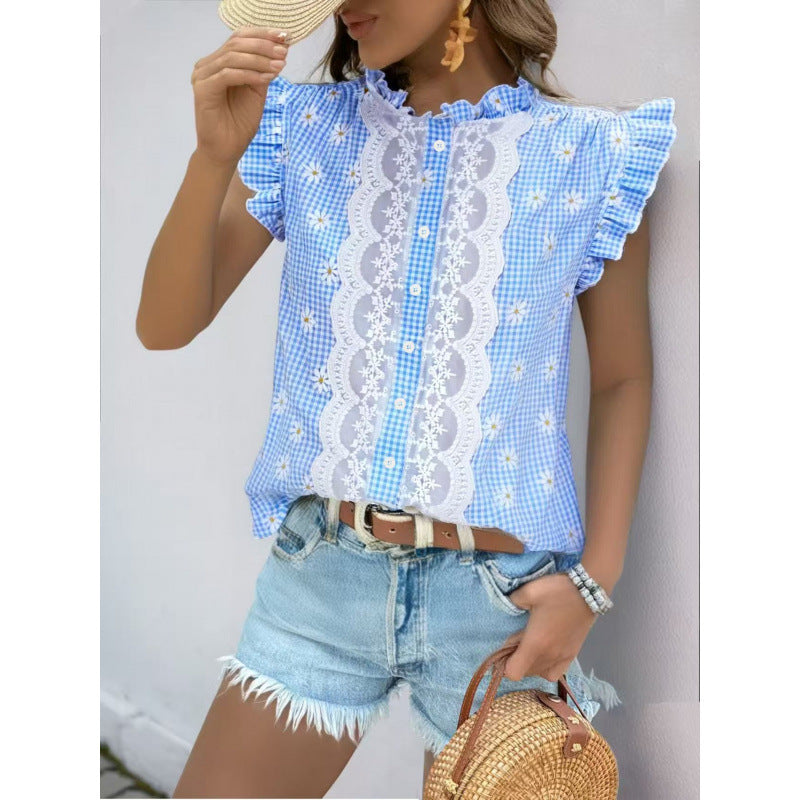 Checkered button-up blouse with ruffled collar for women Lune London