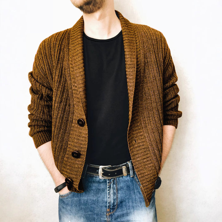 Men's knitted jacket with large collar and decorative buttons Lune London