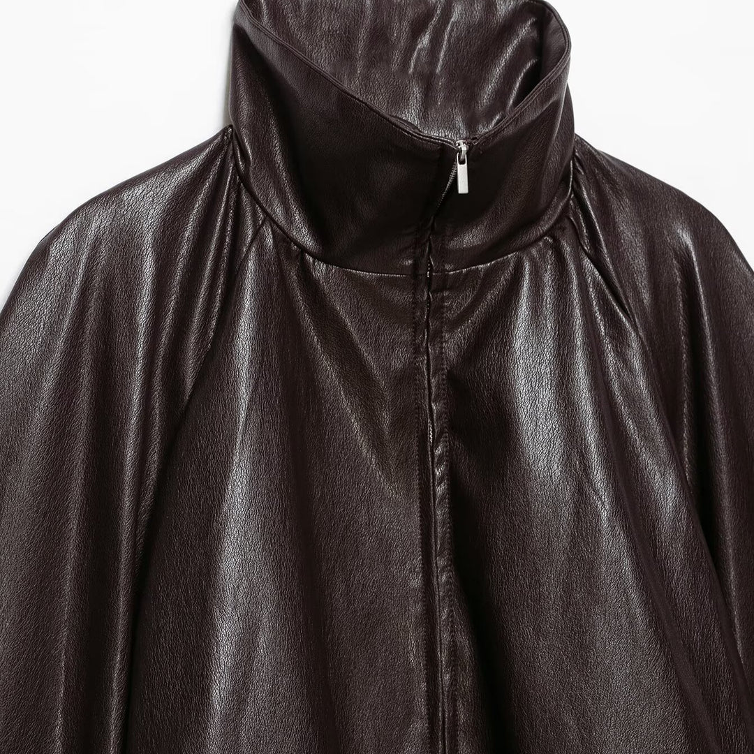 Women's Oversize Jacket in Leather Look with High Funnel Collar, Raglan Sleeves and Drawstring Hem Amarae