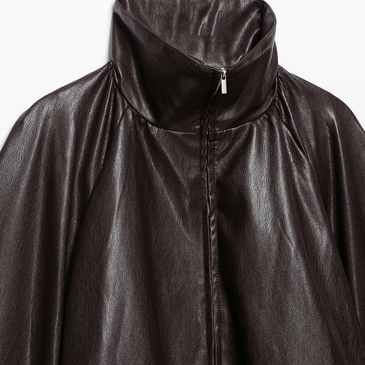 Women's Oversize Jacket in Leather Look with High Funnel Collar, Raglan Sleeves and Drawstring Hem Amarae