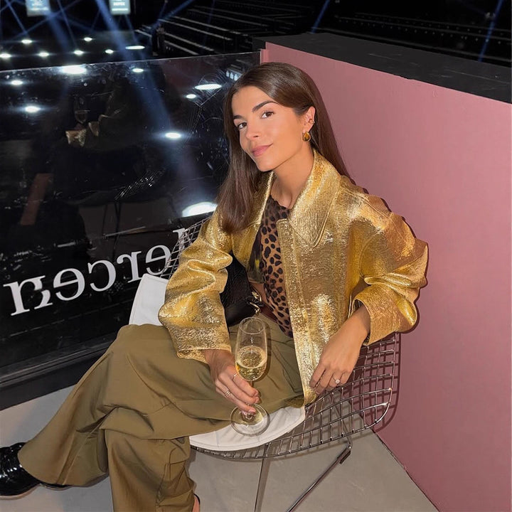Women Short Textured Metallic Bomber Jacket with Boxy Silhouette Amarae