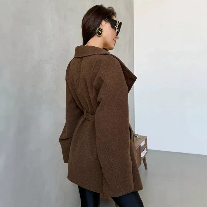 Women's short coat in cocoon cut made of wool blend with oversized shawl collar and tie belt Amarae