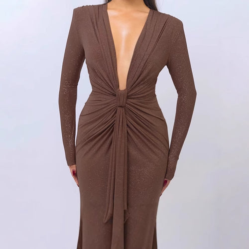 Ladies Elegant Wrap Dress with Deep V-Neck and Chic Fitted Design