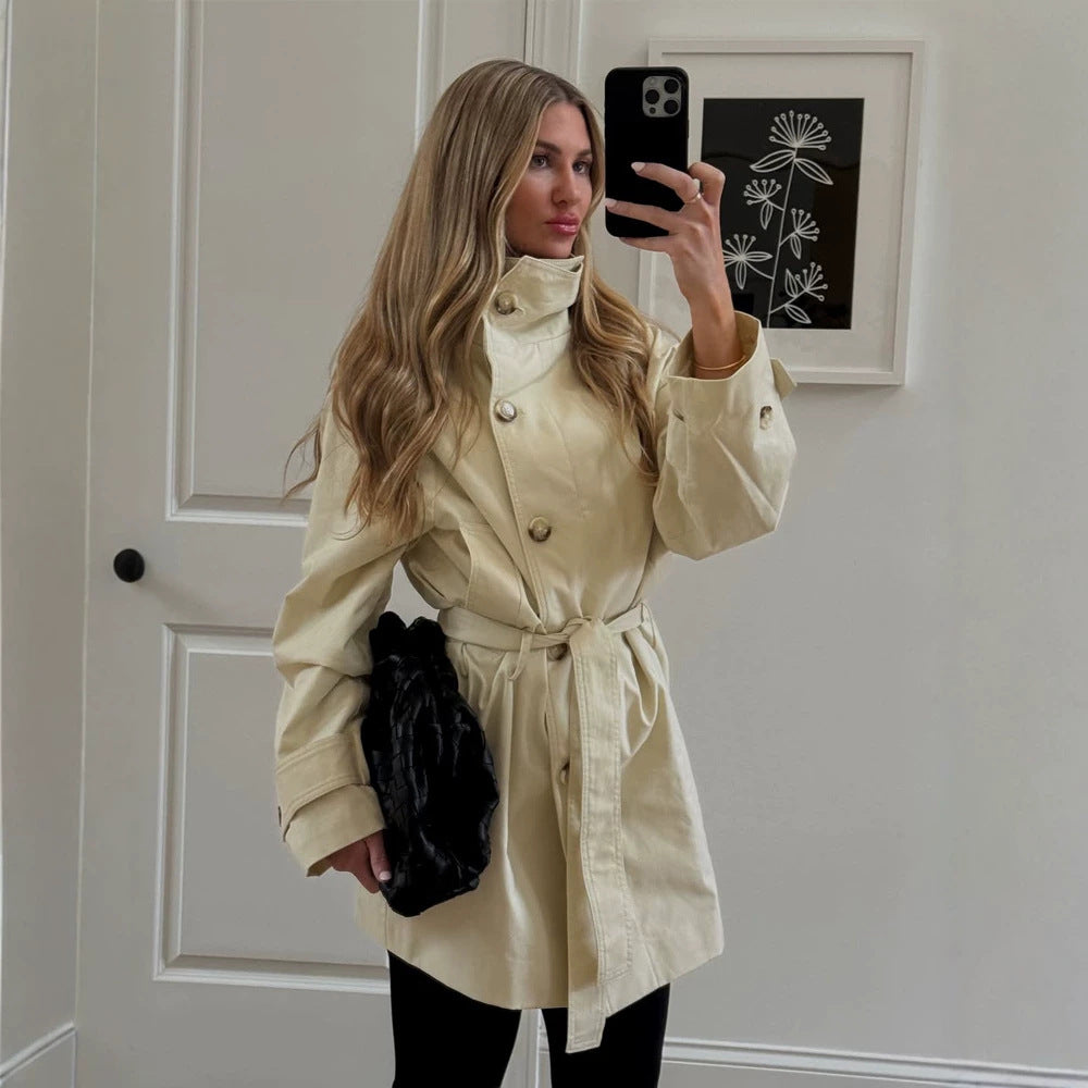 Women Short Wind and Transitional Coat with High Standing Collar and Tie Belt Amarae