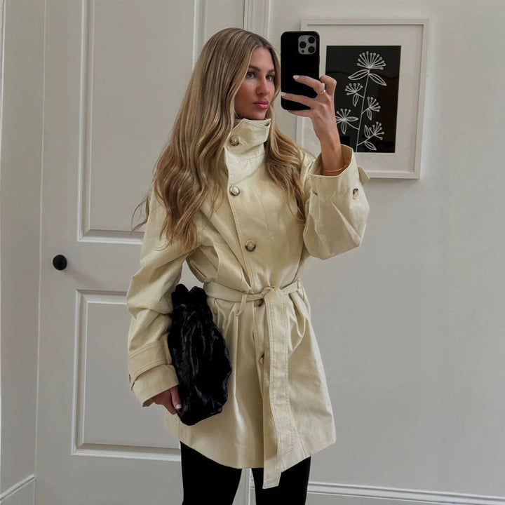 Women Short Wind and Transitional Coat with High Standing Collar and Tie Belt Amarae