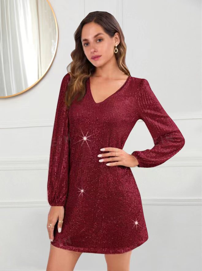 Sparkling tiny dress for women with V-neck and long sleeves Lune London