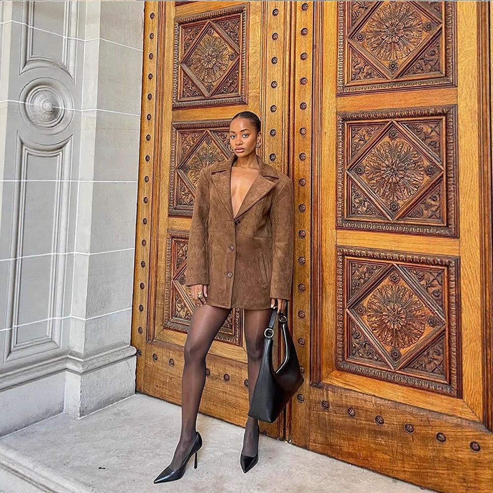 Women Short Suede Blazer Coat with Boxy Oversized Silhouette and Lapel Collar Amarae
