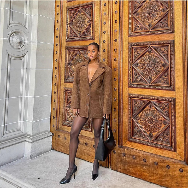 Women Short Suede Blazer Coat with Boxy Oversized Silhouette and Lapel Collar Amarae