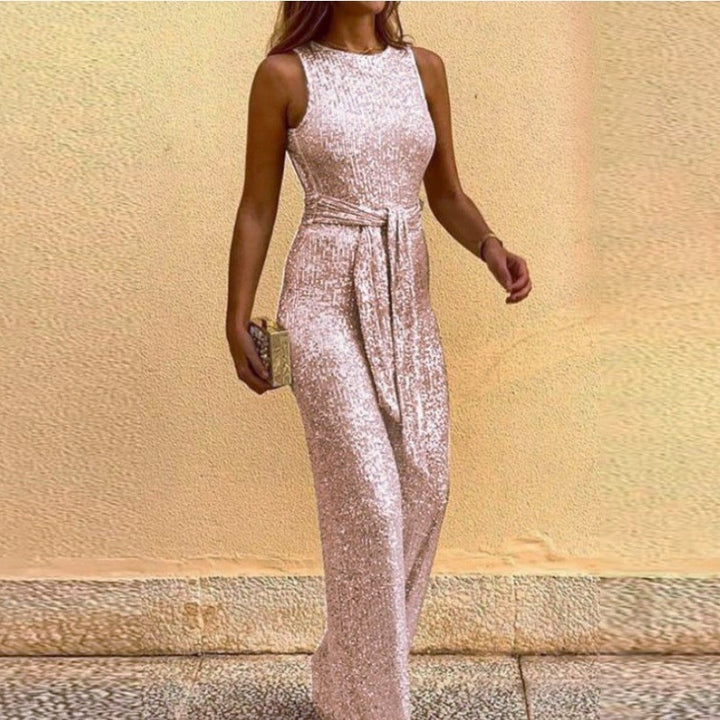 Women's Glamorous Maxi Dress with Shiny Sequin Trim and Elegant Waist Tie