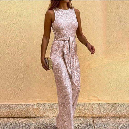Women's Glamorous Maxi Dress with Shiny Sequin Trim and Elegant Waist Tie