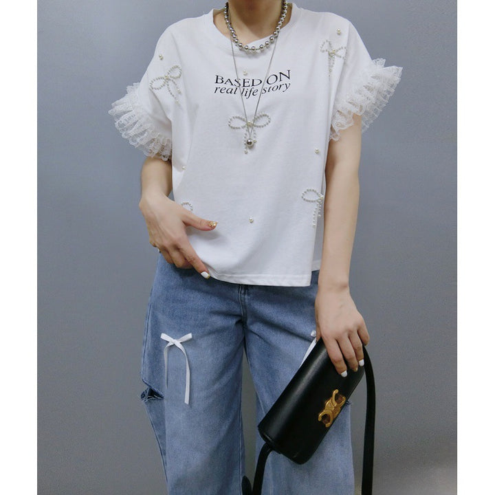 Lune London Women's Leisure Graphic T-shirt with Ruffled Sleeves
