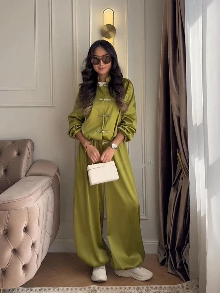 Women’s satin two-piece with traditional toggle closures and wide pants skirt Amarae