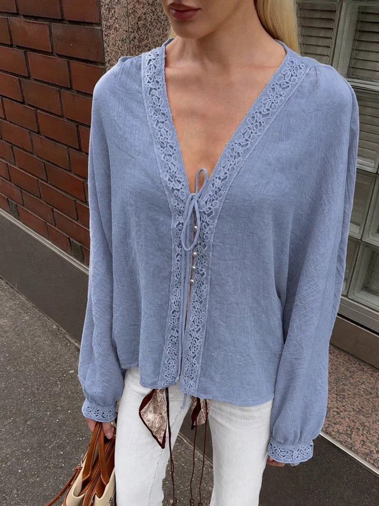 Women's Light V-Neck Lace Blouse with Tie, Pearl Detail & Volume Sleeves Amarae
