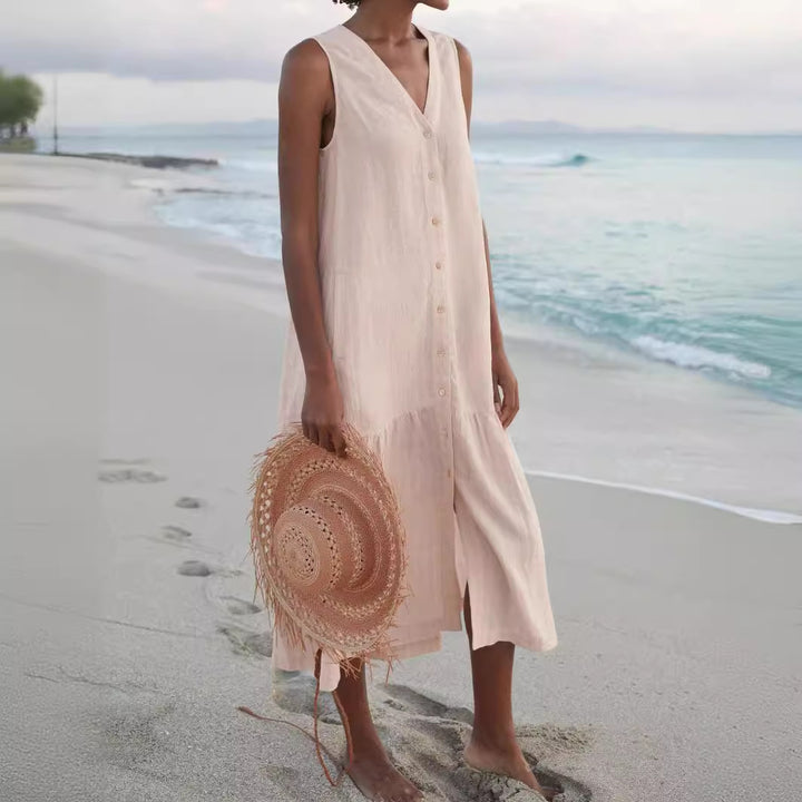 Airy maxi dress for women with button placket and practical pockets Lune London