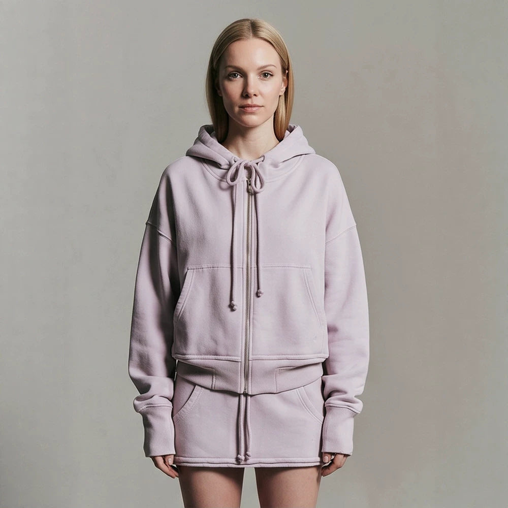 Ladies cropped hoodie sweatshirt with full zip, kangaroo pockets, and extended sleeve cuffs Amarae