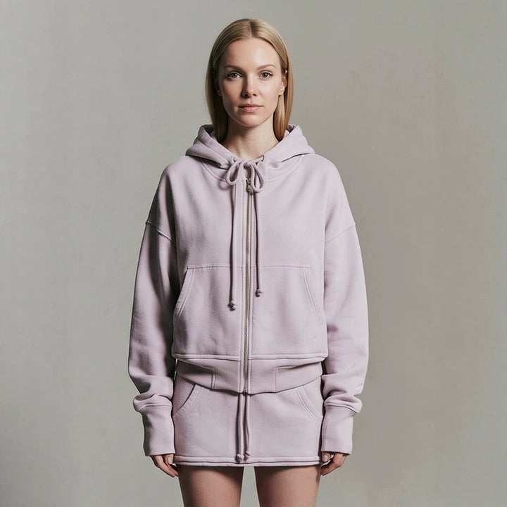 Ladies cropped hoodie sweatshirt with full zip, kangaroo pockets, and extended sleeve cuffs Amarae