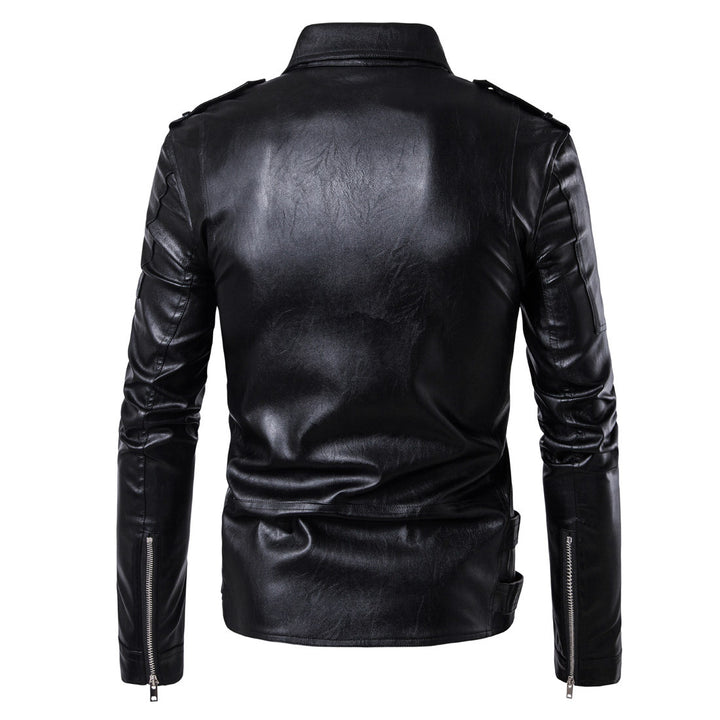 High-quality leather biker jacket for men with asymmetrical zipper and decorative buckles Chic und Stil