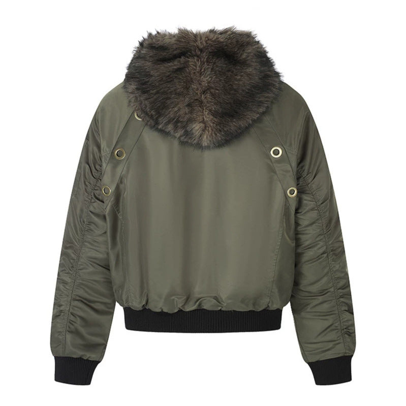 Women's short-cut bomber jacket with faux fur hood and eyelet application Amarae