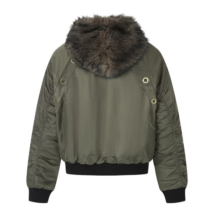 Women's short-cut bomber jacket with faux fur hood and eyelet application Amarae