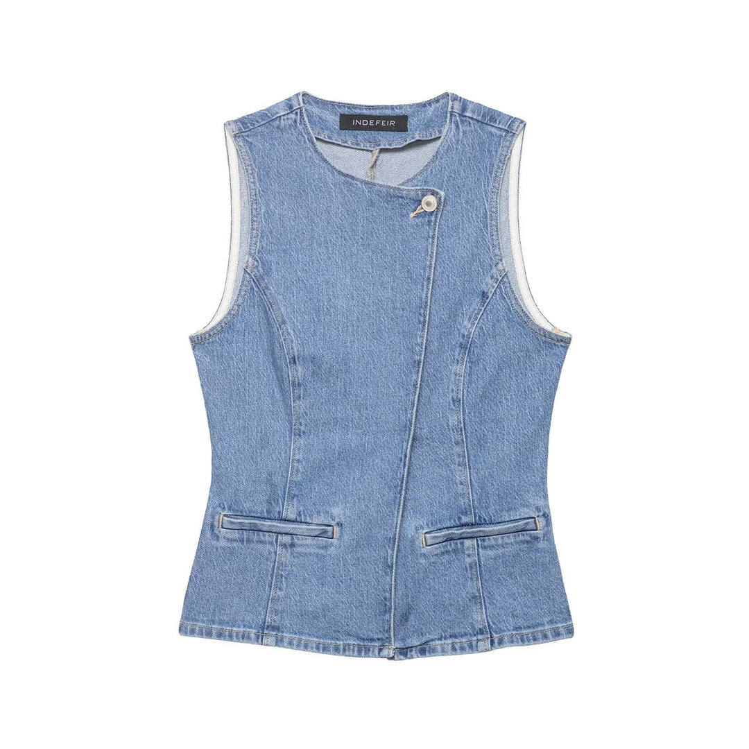 Women Tailored Denim Vest with Asymmetrical Button Placket and Princess Seams Amarae