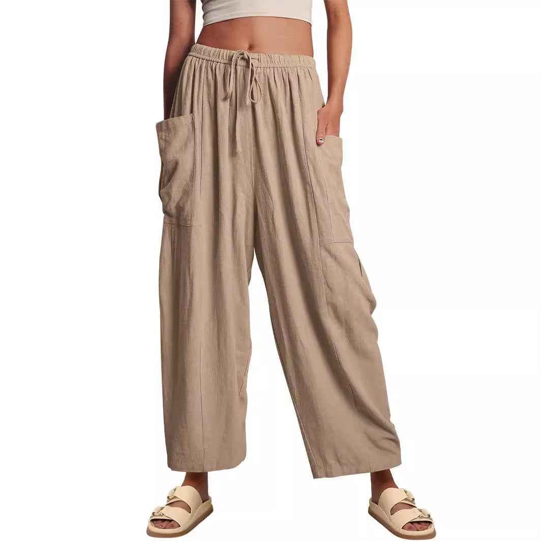 Comfortable linen pants for ladies with practical side pockets Lune London