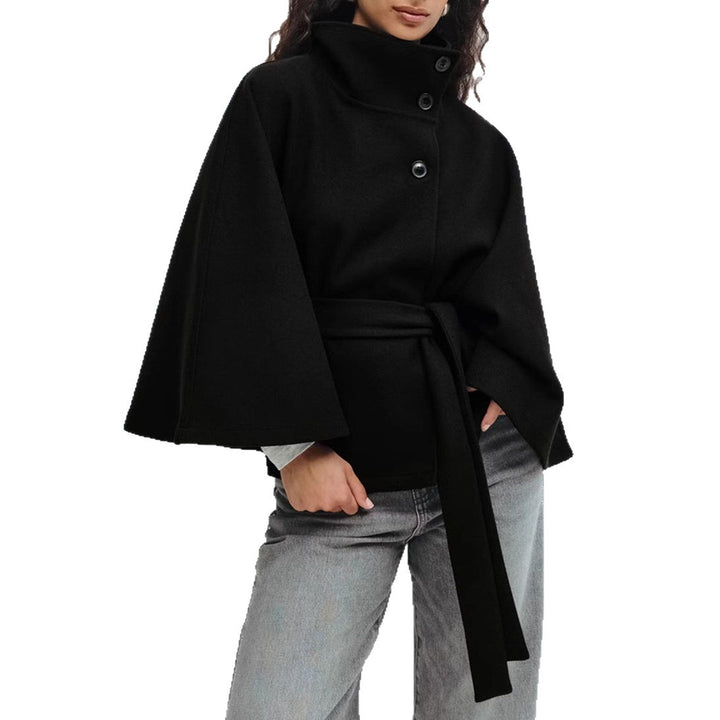 Modern wool jacket for women with high collar and belt Lune London